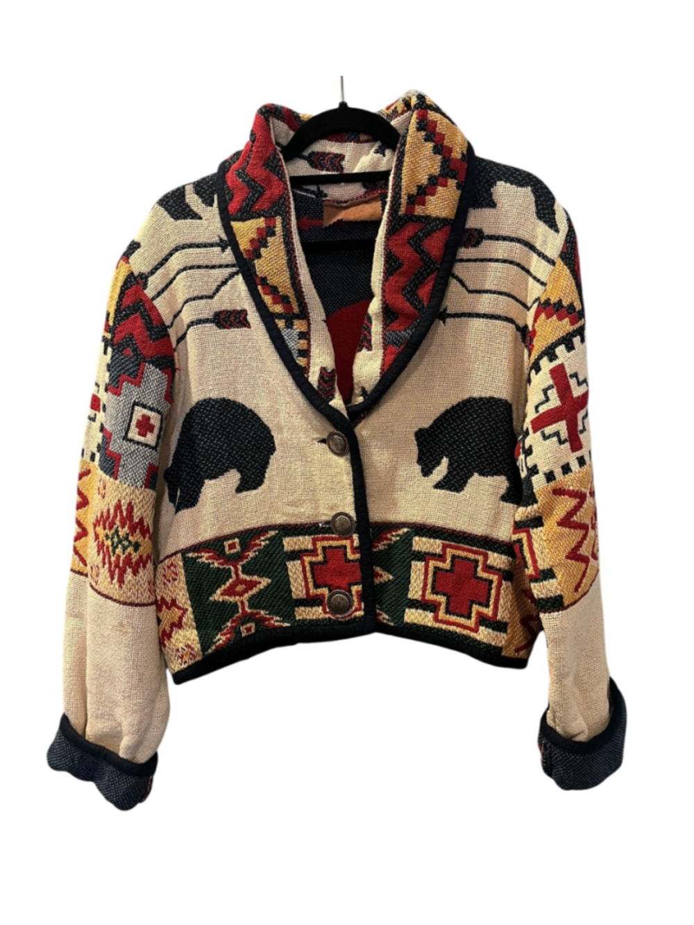 Vintage 90s Painted Pony Southwestern Tapestry Jacket Black Bear Aztec One Size